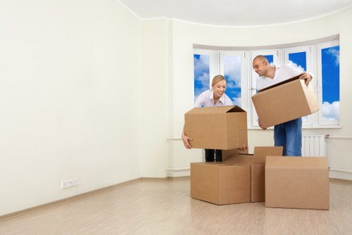 Commercial furniture and boxes prepared for an office relocation