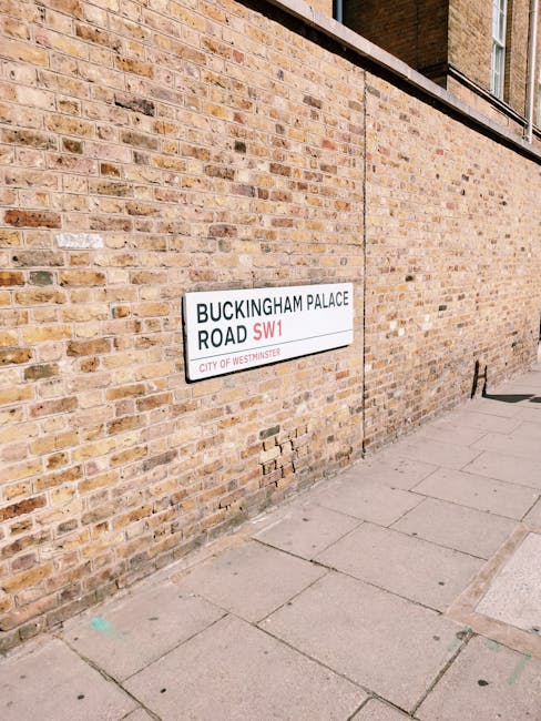A close-up view of a brick exterior wall along a sidewalk, displaying a white street sign with black text reading 'Buckingham Palace Road SW1' and a red 'SW1' postcode. The sign is mounted on the brick wall, which shows some weathering and small gaps between the bricks. The sidewalk consists of concrete slabs, with a slight curb at the edge. In the background, a black metal hook or piece of equipment is attached to the wall near the ground. This setting is typical of London's street scene, relevant to house and office removals services, including furniture transport and moving logistics, as provided by Hammersmith Man and Van.