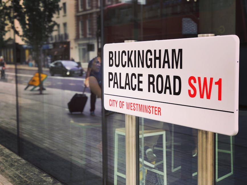 A close-up view of a brick exterior wall along a sidewalk, displaying a white street sign with black text reading 'Buckingham Palace Road SW1' and a red 'SW1' postcode. The sign is mounted on the brick wall, which shows some weathering and small gaps between the bricks. The sidewalk consists of concrete slabs, with a slight curb at the edge. In the background, a black metal hook or piece of equipment is attached to the wall near the ground. This setting is typical of London's street scene, relevant to house and office removals services, including furniture transport and moving logistics, as provided by Hammersmith Man and Van.